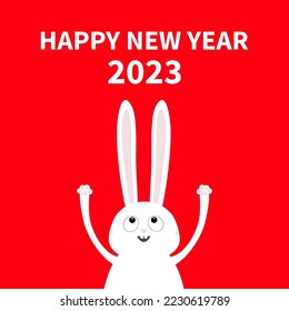 Happy Chinese New Year 2023. The year of the rabbit. White bunny head face looking up. Hand with paw print. Flat design. Cute funny cartoon character. Baby greeting card. Red background. Vector