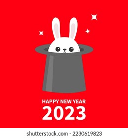 Happy Chinese New Year 2023. The year of the rabbit. White bunny in magic hat. Sining stars. Funny head face icon. Big ears. Cute kawaii cartoon character. Flat design. Red background. Vector