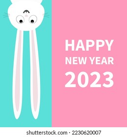Happy Chinese New Year 2023. The year of the rabbit. White bunny hanging upside down Big paper signboard. Cute cartoon funny animal. Flat design. Blue background. Vector