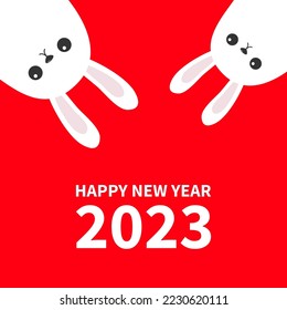 Happy Chinese New Year 2023. The year of the rabbit. Two white bunny hanging upside down. Picaboo. Flat design. Funny head face. Cute kawaii cartoon character. Greeting card. Red background. Vector