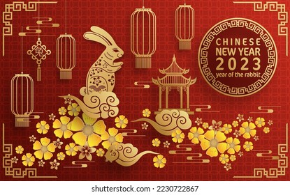 Happy chinese new year 2023 year of the rabbit zodiac with on color Background. (Translation : Happy new year)
