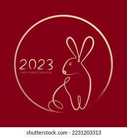 Happy Chinese New Year 2023, Year of the rabbit by brush stroke abstract paint continuous line gold gradient isolated on red background.