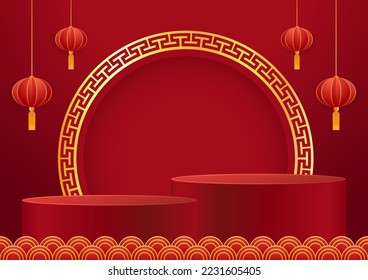 Happy Chinese new year 2023. Chinese new year banner with circle for show product. Greeting card. China frame with lantern on red background.