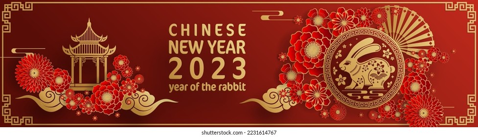 Happy chinese new year 2023 year of the rabbit zodiac with on color Background. (Translation : Happy new year)
