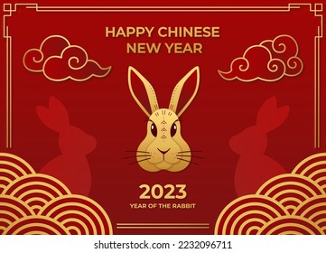 Happy Chinese new year. 2023 is the year of the rabbit. Greeting card with Rabbit Zodiac sign, clouds, silhouettes of rabbits and oriental ornament. Vector illustration in craft style.