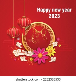 Happy chinese new year 2023 year of the rabbit zodiac sign with flower,lantern,asian elements gold paper cut style on color Background. (Happy new year 2023)