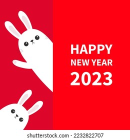 Happy Chinese New Year 2023. The year of the rabbit. Two white bunny holding big signboard. Cute cartoon funny animal hiding behind paper. Flat design. Red background. Vector