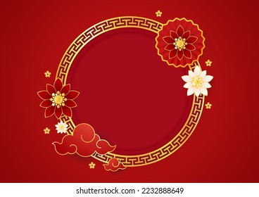 Happy Chinese new year 2023. Chinese new year banner with circle for show product. Greeting card. China frame with lantern on red background.