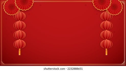 Happy Chinese new year 2023. Chinese new year banner with circle for show product. Greeting card. China frame with lantern on red background.