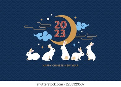 Happy Chinese New Year 2023. Vector cartoon illustration of a group of white rabbits sitting under a starry sky with a big moon with the number 2023 in the middle. Isolated on the dark blue background