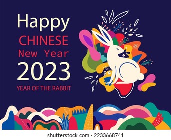 Happy Chinese New Year 2023 illustration. Year of the rabbit 