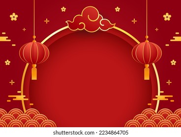 Happy Chinese new year 2023. Chinese new year banner with circle for show product. Greeting card. China frame with lantern on red background.