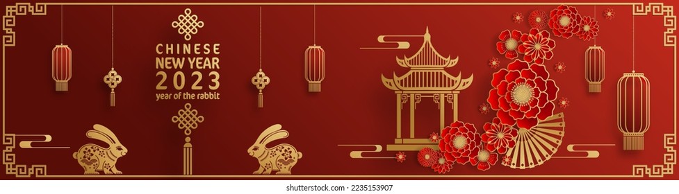 Happy chinese new year 2023 year of the rabbit zodiac on color Background. (Translation : Happy chinese new year 2023, year of the rabbit )