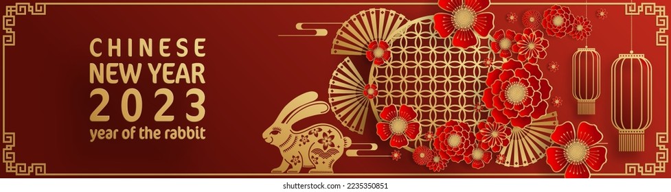 Happy chinese new year 2023 year of the rabbit zodiac on color Background. (Translation : Happy chinese new year 2023, year of the rabbit )
