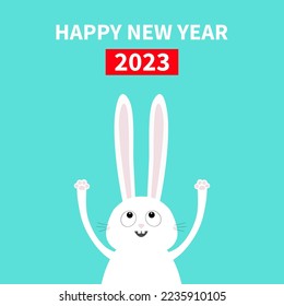 Happy Chinese New Year 2023. The year of the rabbit. White bunny head face looking up. Hand with paw print. Flat design. Cute funny cartoon character. Baby greeting card. Blue background. Vector