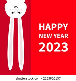 Happy Chinese New Year 2023. The year of the rabbit. White bunny hanging upside down Big paper signboard. Cute cartoon funny animal. Flat design. Red background. Vector