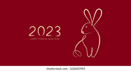 Happy Chinese New Year 2023, Year of the rabbit by brush stroke abstract paint continuous line gold gradient isolated on red background.