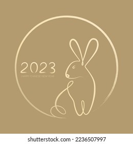 Happy Chinese New Year 2023, Year of the rabbit by brush stroke abstract paint continuous line gold gradient isolated on gold background.