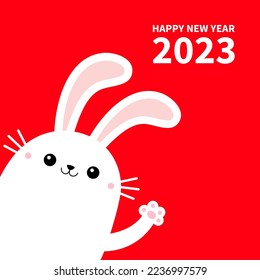 Happy Chinese New Year 2023. The year of the rabbit. Bunny in the corner waving paw print hands. Cute kawaii cartoon funny smiling baby character. White animal. Red background. Flat design. Vector