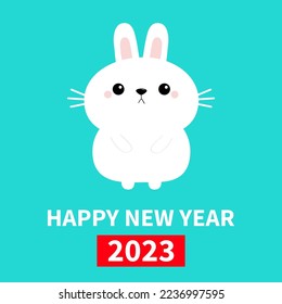 Happy Chinese New Year 2023. The year of the rabbit. White bunny hare icon. Funny sad head face. Cute kawaii cartoon character. Baby greeting card. Blue background. Isolated. Flat design. Vector