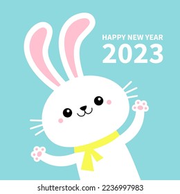 Happy Chinese New Year 2023. The year of the rabbit. Bunny waving paw print hands. Cute kawaii cartoon funny smiling baby character. Yellow scarf. Blue background. Isolated. Flat design Vector