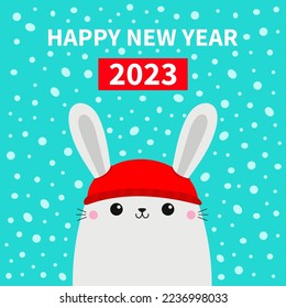 Happy Chinese New Year 2023. The year of the rabbit. White bunny hare head face. Red hat. Merry Christmas. Cute cartoon kawaii baby character. Flat design. Hello winter. Blue background. Vector