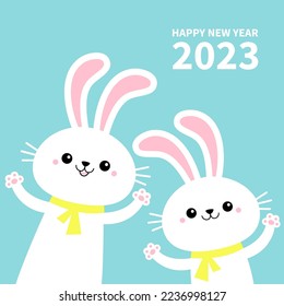 Happy Chinese New Year 2023. The year of the rabbit. Two bunny set waving paw print hand. Cute cartoon kawaii funny baby character. Yellow scarf. White farm animal. Blue background. Flat design Vector