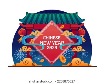 Happy Chinese New Year 2023 Design Illustration with Chinese Entrance gate and traditional decoration.
Year of Rabbit 2023.
Suitable for postcard, web, greeting card, animation, social media, etc