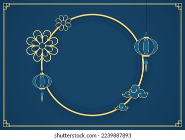 Happy Chinese new year 2023. Chinese new year banner with circle for show product. Greeting card. China frame with lantern on blue background.