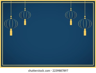 Happy Chinese new year 2023. Chinese new year banner with circle for show product. Greeting card. China frame with lantern on blue background.