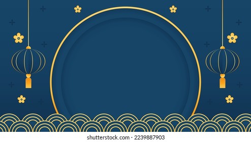 Happy Chinese new year 2023. Chinese new year banner with circle for show product. Greeting card. China frame with lantern on blue background.