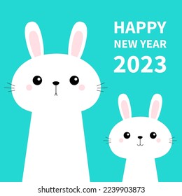 Happy Chinese New Year 2023. The year of the rabbit. Two bunny set in the corner. Friends forever. Cute cartoon kawaii funny baby kids character. Farm animal. Blue background. Flat design Vector