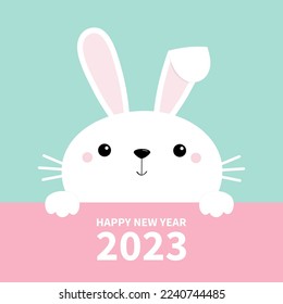 Happy Chinese New Year 2023. The year of the rabbit. Bunny face and paws. Cute cartoon kawaii funny baby character. Long ears. Farm animal collection. Blue background. Greeting card Flat design Vector