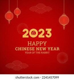 Happy Chinese New Year 2023 Red Background Design Year of The Rabbit With Chinese Lantern and Pattern