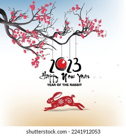 Happy chinese new year 2023 year of the rabbit zodiac sign with flower