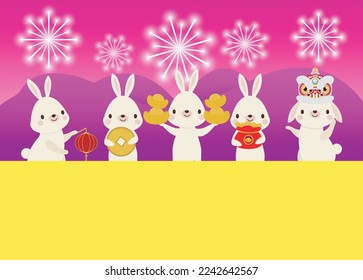 Happy Chinese new year 2023 year of the rabbit, cute Little bunny happy new year, HNY, gong xi fa cai, greeting card  Cartoon vector illustration isolated wallpaper background, Translation New Year