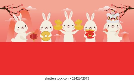 Happy Chinese new year 2023 year of the rabbit, cute Little bunny happy new year, HNY, gong xi fa cai, greeting card  Cartoon vector illustration isolated wallpaper background, Translation New Year
