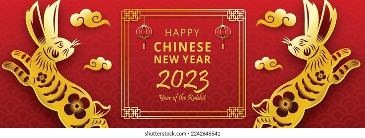 Happy Chinese new year 2023, Year of the Rabbit with gold paper cut art style on red background 