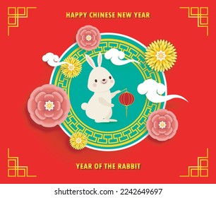 Happy Chinese new year 2023 greeting card cute rabbit and flower, cny, year of the rabbit zodiac, gong xi fa cai cartoon paper cut isolated vector Translate Happy New Year