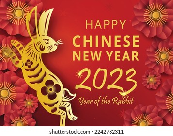 Happy Chinese new year 2023, Year of the Rabbit with gold paper cut art style on red background