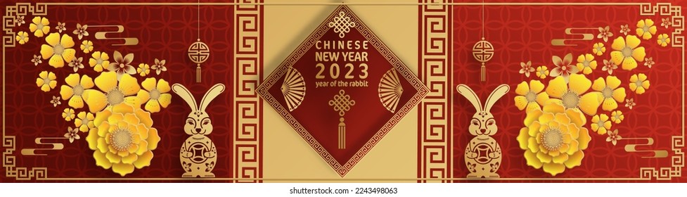 Happy chinese new year 2023 year of the rabbit zodiac with on color Background. (Translation : Happy new year)
