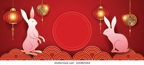 Happy Chinese new year 2023 background vector. Year of rabbit design with cute rabbits, Chinese gold nuggets, coin, clouds, ornate shapes. Elegant oriental illustration for cover, banner, website