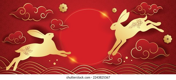 Happy Chinese new year 2023 background vector. Year of rabbit design with cute rabbits, Chinese gold nuggets, coin, clouds, ornate shapes. Elegant oriental illustration for cover, banner, website