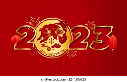 Happy chinese new year 2023 year of the rabbit zodiac sign with fireworks,lantern,asian elements gold style on red Background. (Translation : Happy new year)