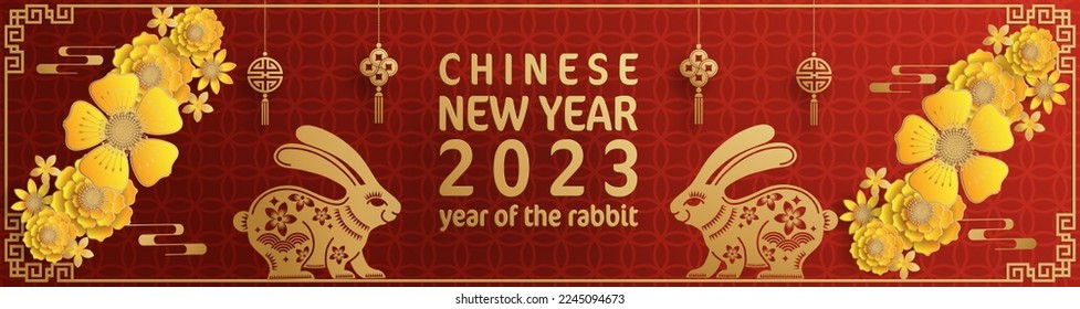 Happy chinese new year 2023 year of the rabbit zodiac with on color Background. (Translation : Happy new year)
