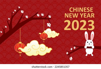 happy chinese new year 2023 design with rabbit and lantern