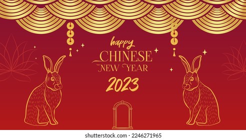 Happy Chinese New Year 2023. Year of the rabbit. Modern trendy illustration. Greeting card, banner, flyer, background. Lunar new year. Editable vector illustration.