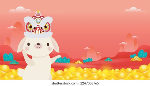 Happy Chinese new year 2023 year of the rabbit, cute Little bunny happy new year, HNY, gong xi fa cai, greeting card  Cartoon vector illustration isolated wallpaper background, Translation New Year