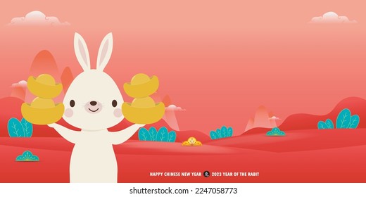 Happy Chinese new year 2023 year of the rabbit, cute Little bunny happy new year, HNY, gong xi fa cai, greeting card  Cartoon vector illustration isolated wallpaper background, Translation New Year