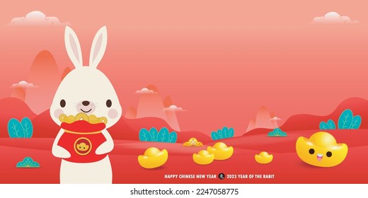 Happy Chinese new year 2023 year of the rabbit, cute Little bunny happy new year, HNY, gong xi fa cai, greeting card  Cartoon vector illustration isolated wallpaper background, Translation New Year